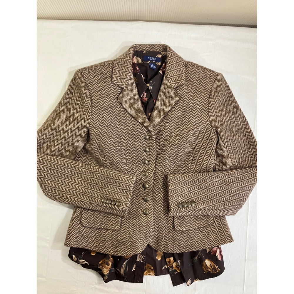 Chaps Womens Brown Herringbone‎ Wool Blend Blazer and Floral Cotton Shirt Set S